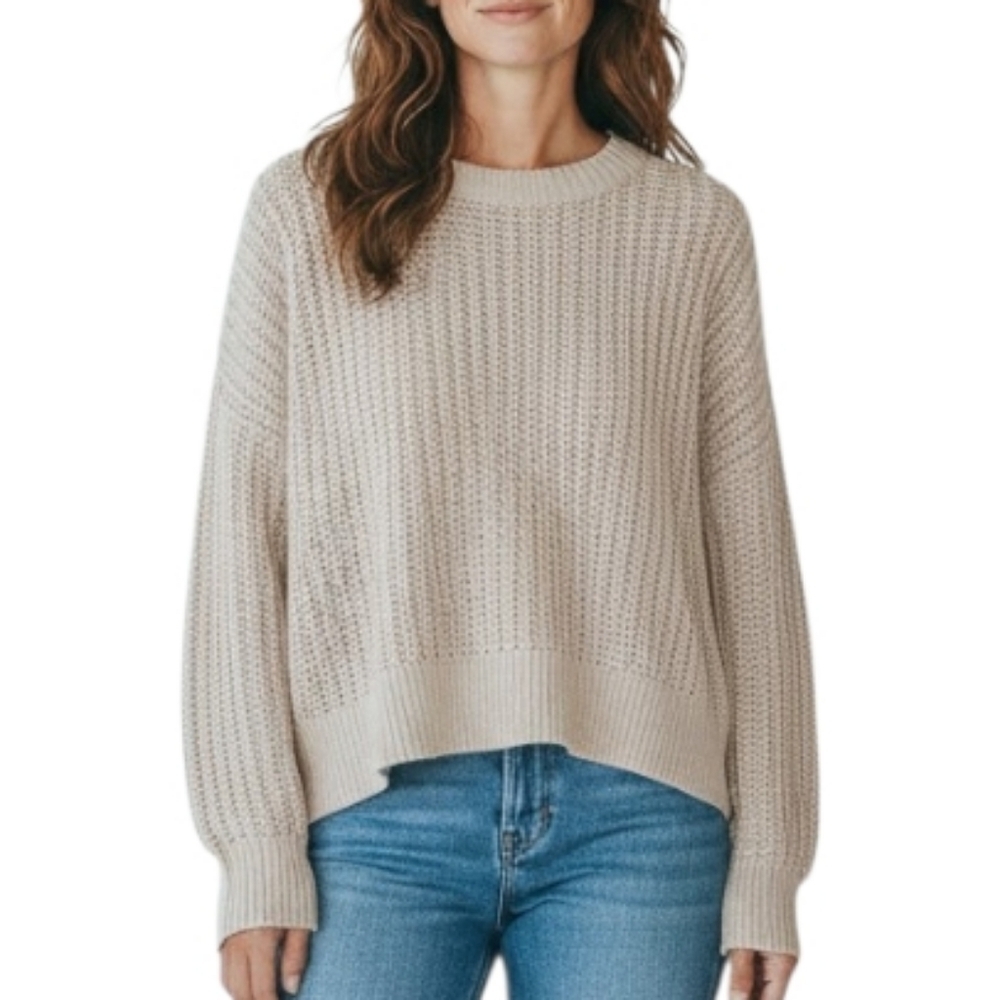 Theory Oatmeal Melange Arshan Mesh Rib Trim Open Knit Sweater Size L